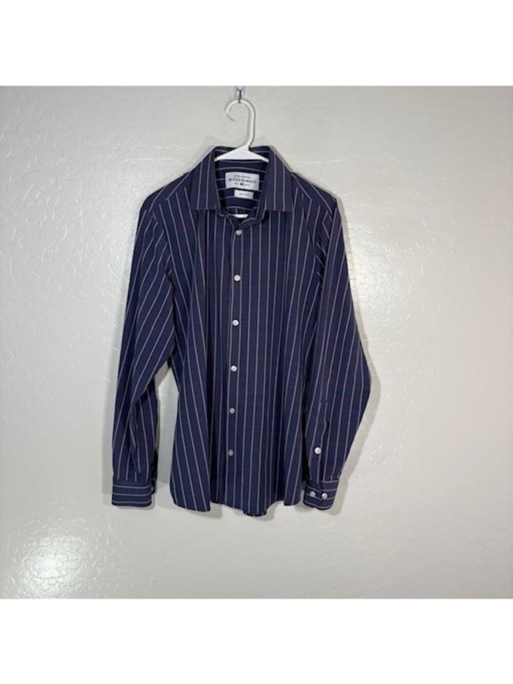Mizzen+Main Leeward Dress Shirt Mens Medium Blue Trim Fit Stretch Plaid USA